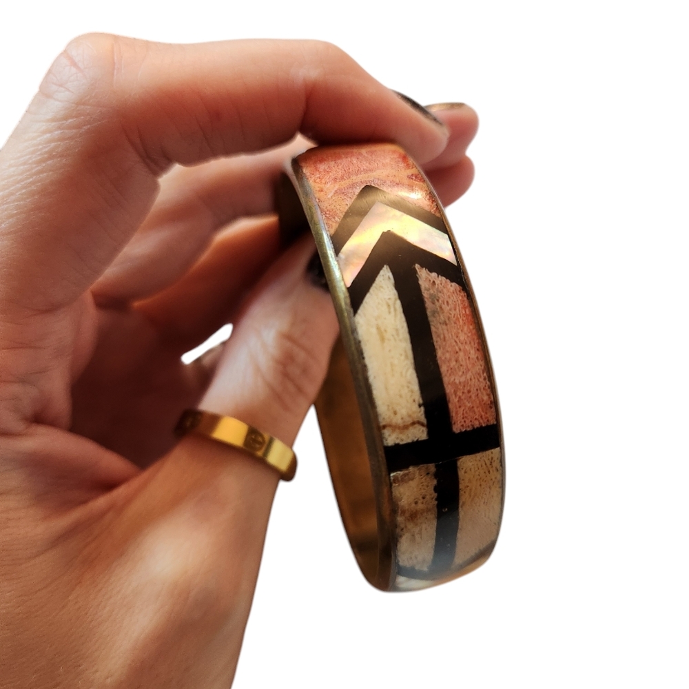 Boho chevron pink black and cream bangle bracelet